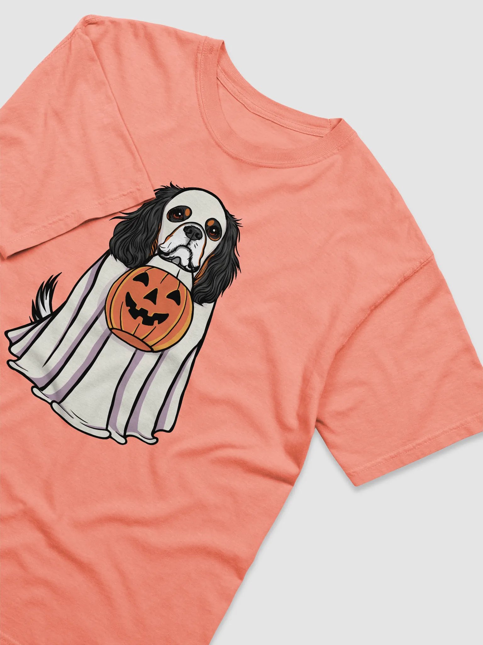 Funny Halloween Cavalier King Charles Spaniel(Tricolor) T-Shirt | Funny Cavalier Wearing a Ghost Costume and Holding a Pumpkin Basket product image (6)