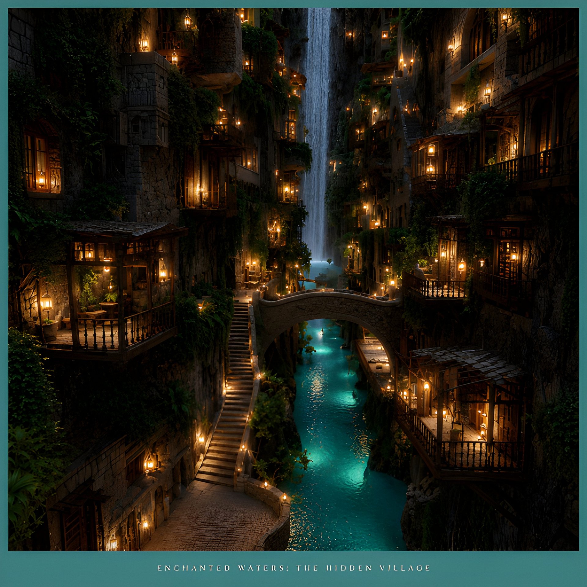Luxury Maximalist Waterfall Village Wall Art, Turquoise Fantasy Dreamscape, Baroque 10x10 Poster product image (2)