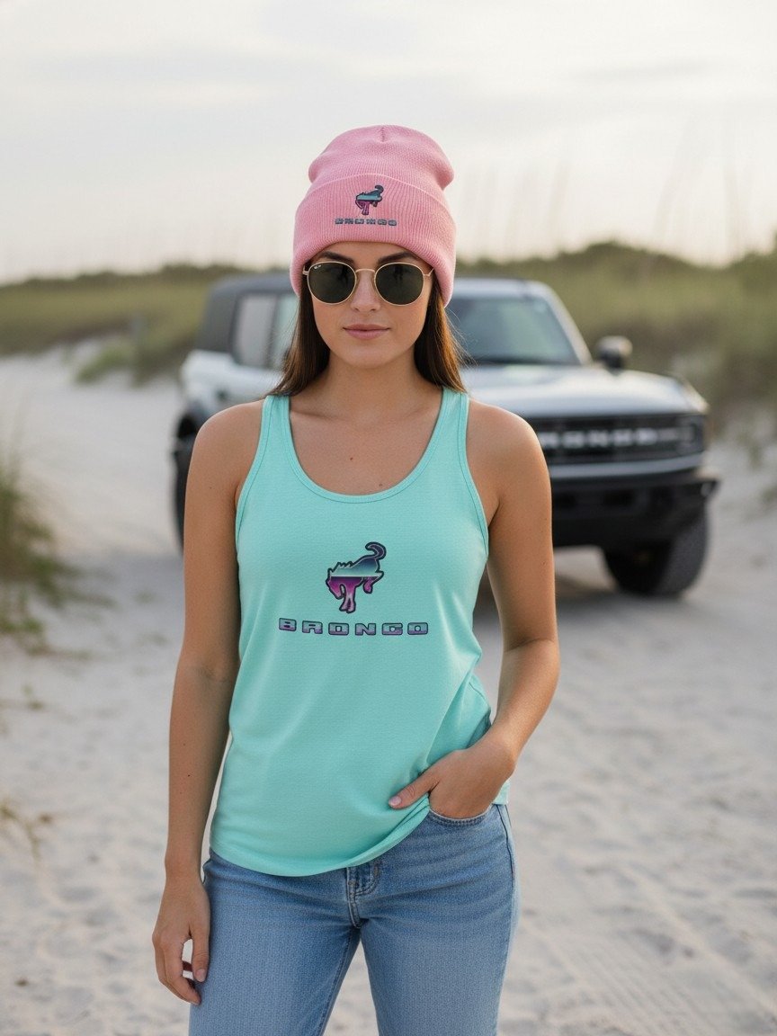 2026 Bronco Beach Bash OBX / Destination Bigfoot Bronco Collab | Next Level Women's Racerback Tank Top (Multi Color Options) product image (1)
