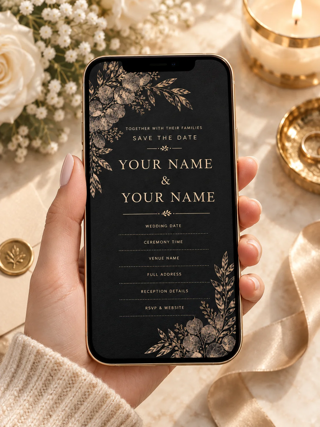 Black and Champagne Wedding Invitation Template, Editable Canva Invite, Modern Formal Wedding Invitation, Printable Digital Download product image (2)