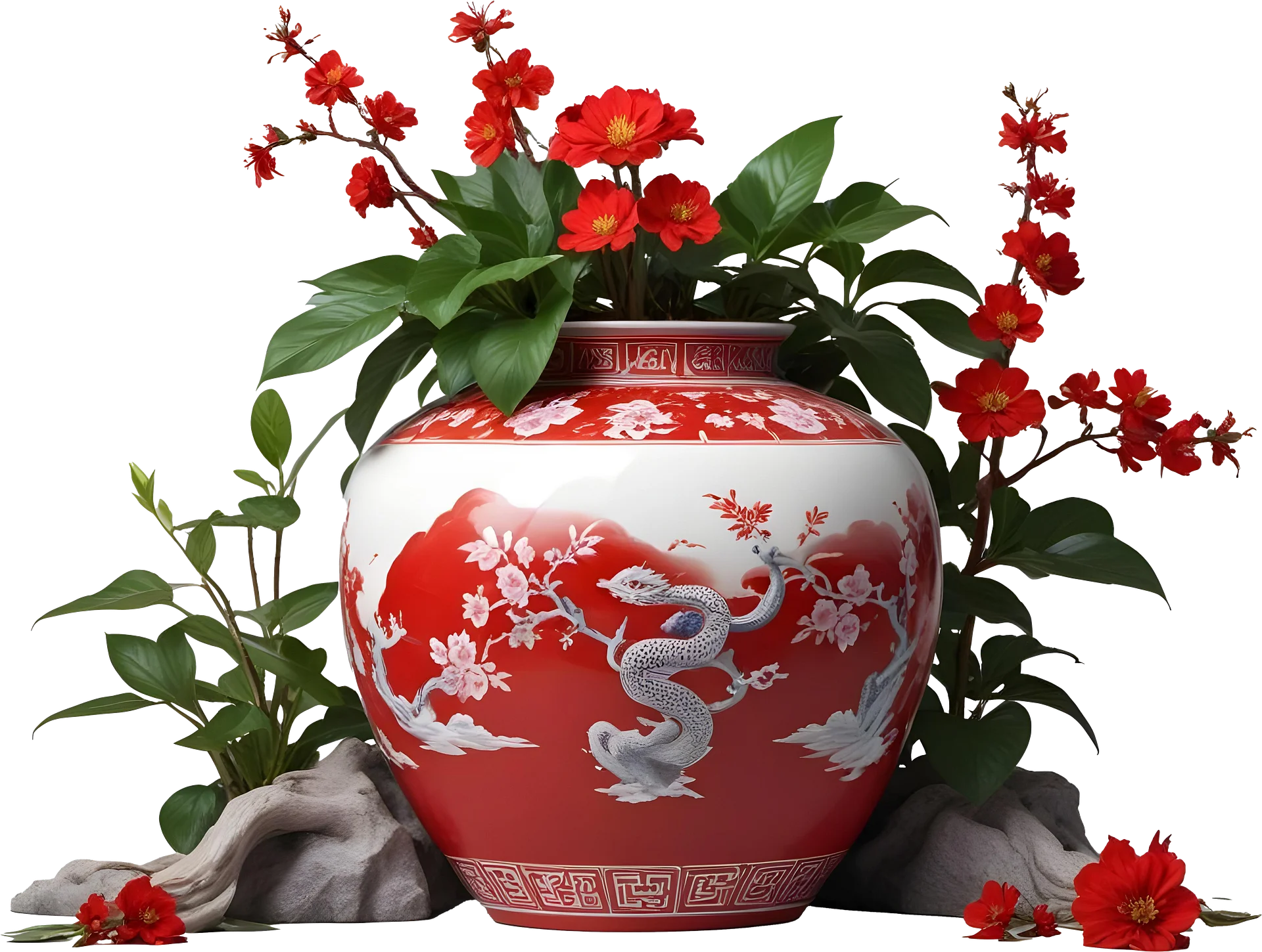 Chinese Red Porcelain Vase and wood – Year of the Serpent Design PNG product image (1)