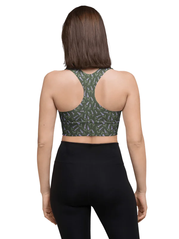 All-Over print recycled longline sports bra with lavender pattern on green background product image (2)
