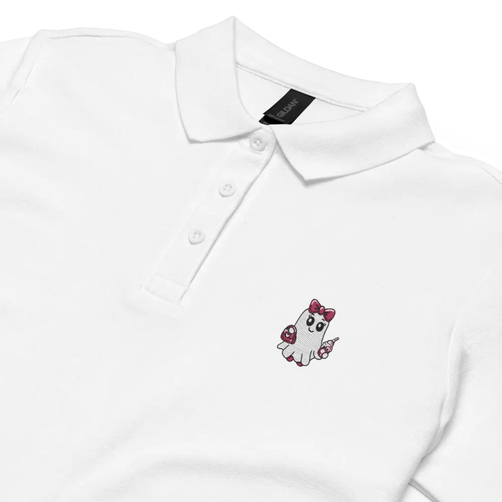 Cute Ghost Embroidered Semi-Fitted Women's Cotton Polo Shirt product image (3)
