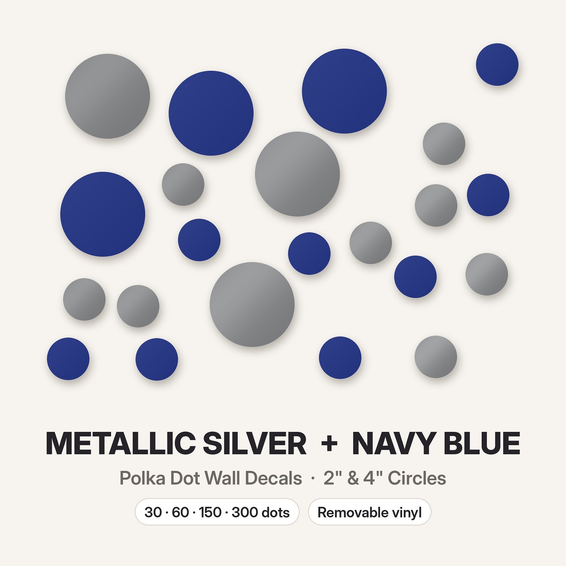 Metallic Silver and Navy Blue Polka Dot Wall Decals, 2" and 4" Vinyl Circle Stickers, Removable Dot Decals for Nursery, Kids Room, Playroom product image (3)