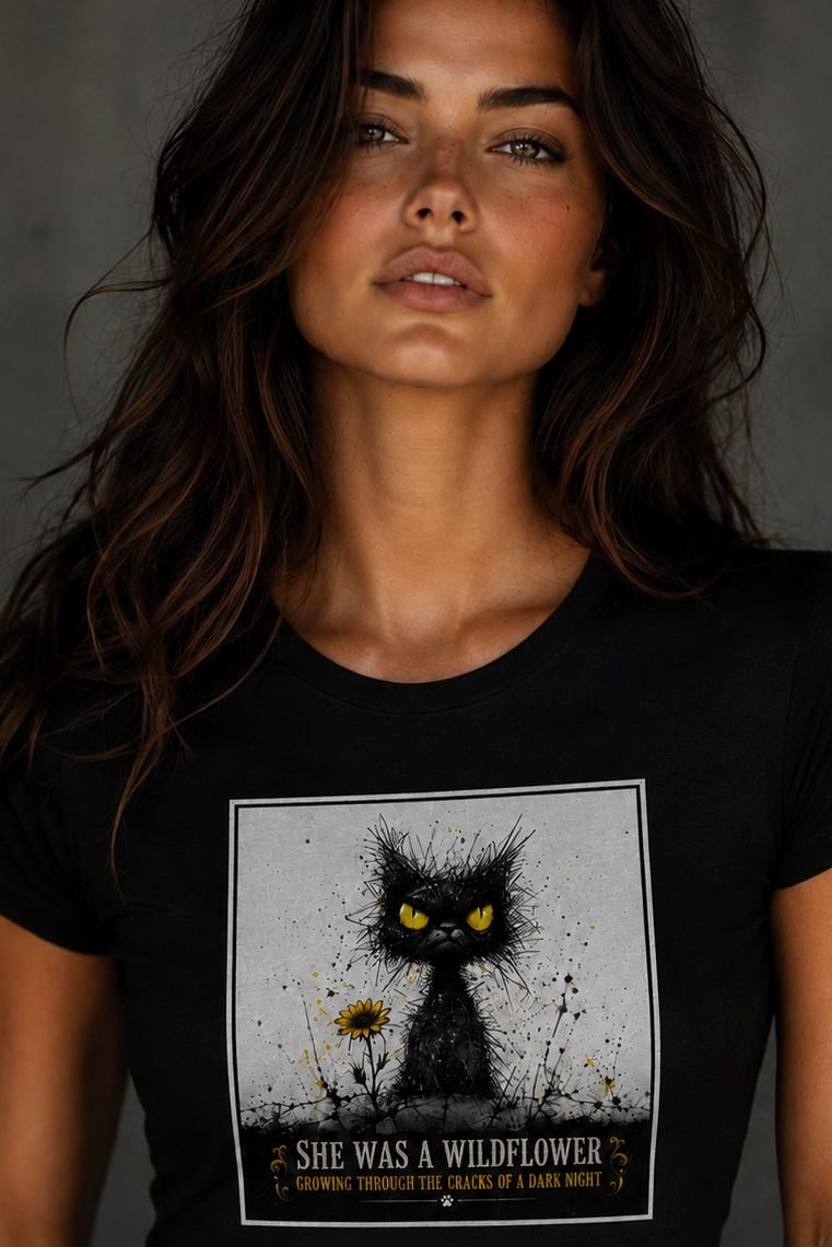 Black Cat Wildflower Premium Oversized T-Shirt, Gothic Cat Lover Gift, Faded Black Shirt product image (1)