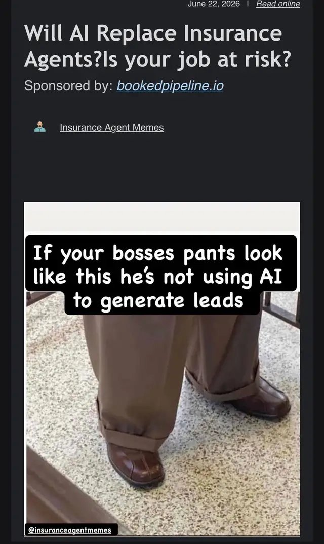 Subscribe to my Newsletter  https://insuranceagentmemes.beehiiv.com/p/will-ai-replace-insurance-agents-is-your-job-at-risk?