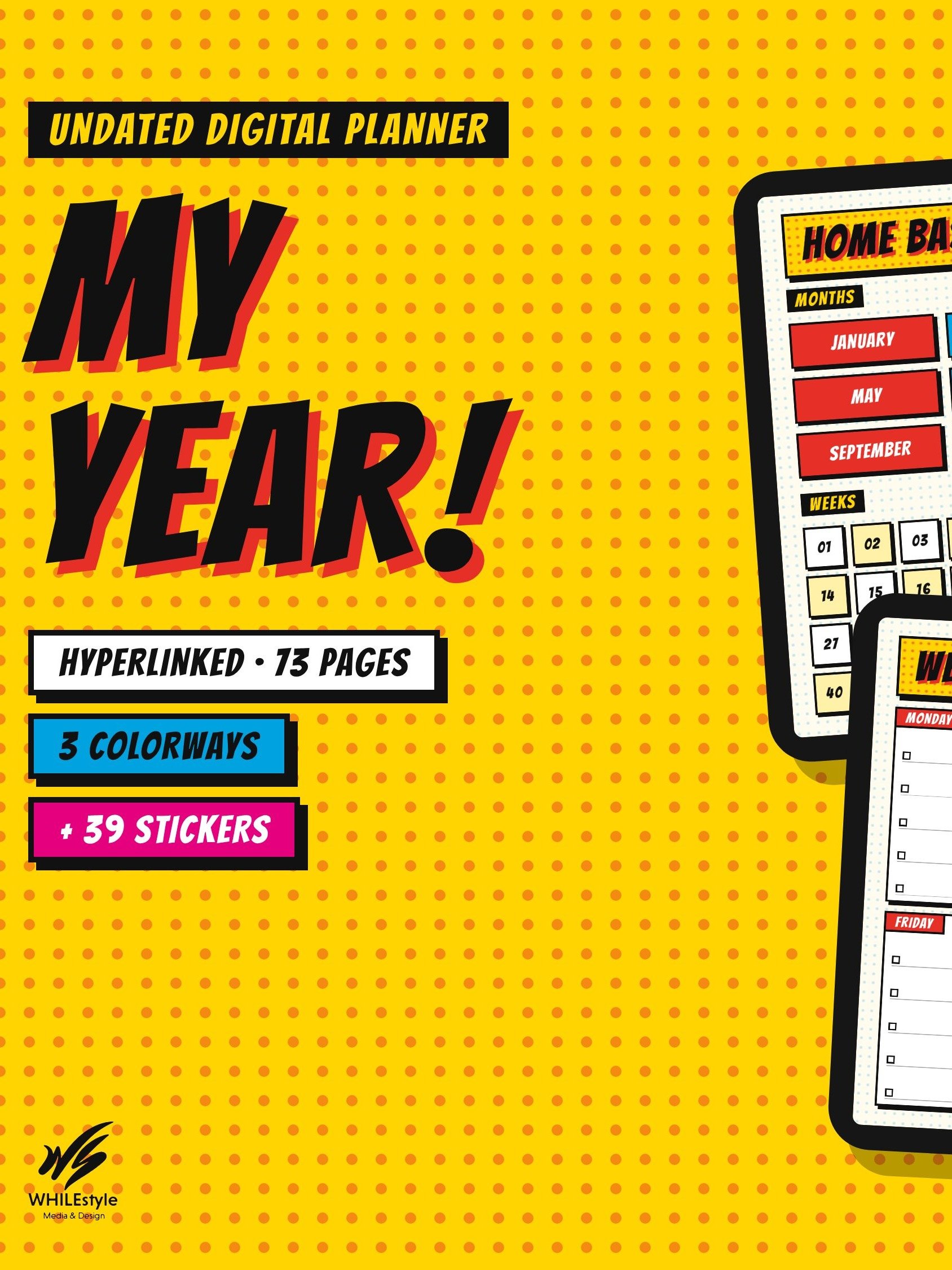 Undated Digital Planner | Hyperlinked GoodNotes Planner, Pop Art Retro Style | iPad Yearly, Monthly & Weekly Planner + 39 Stickers product image (1)