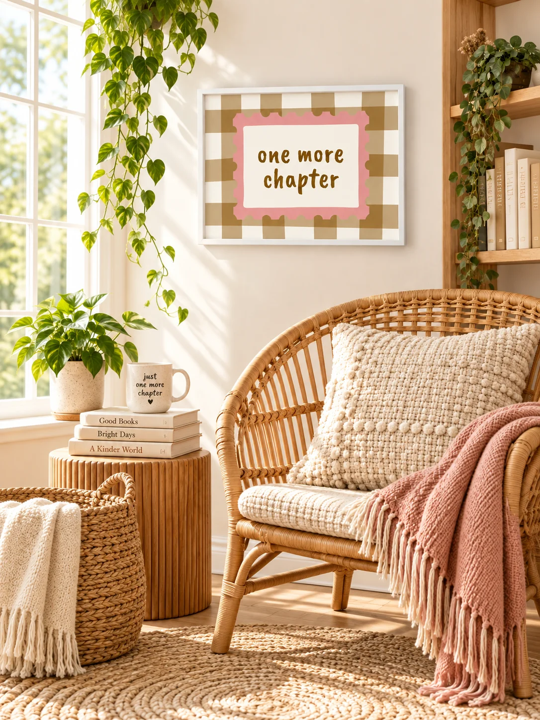 One More Chapter Printable Wall Art | Book Lover Reading Nook Poster | Pink Checkered Library Decor | Digital Download product image (7)