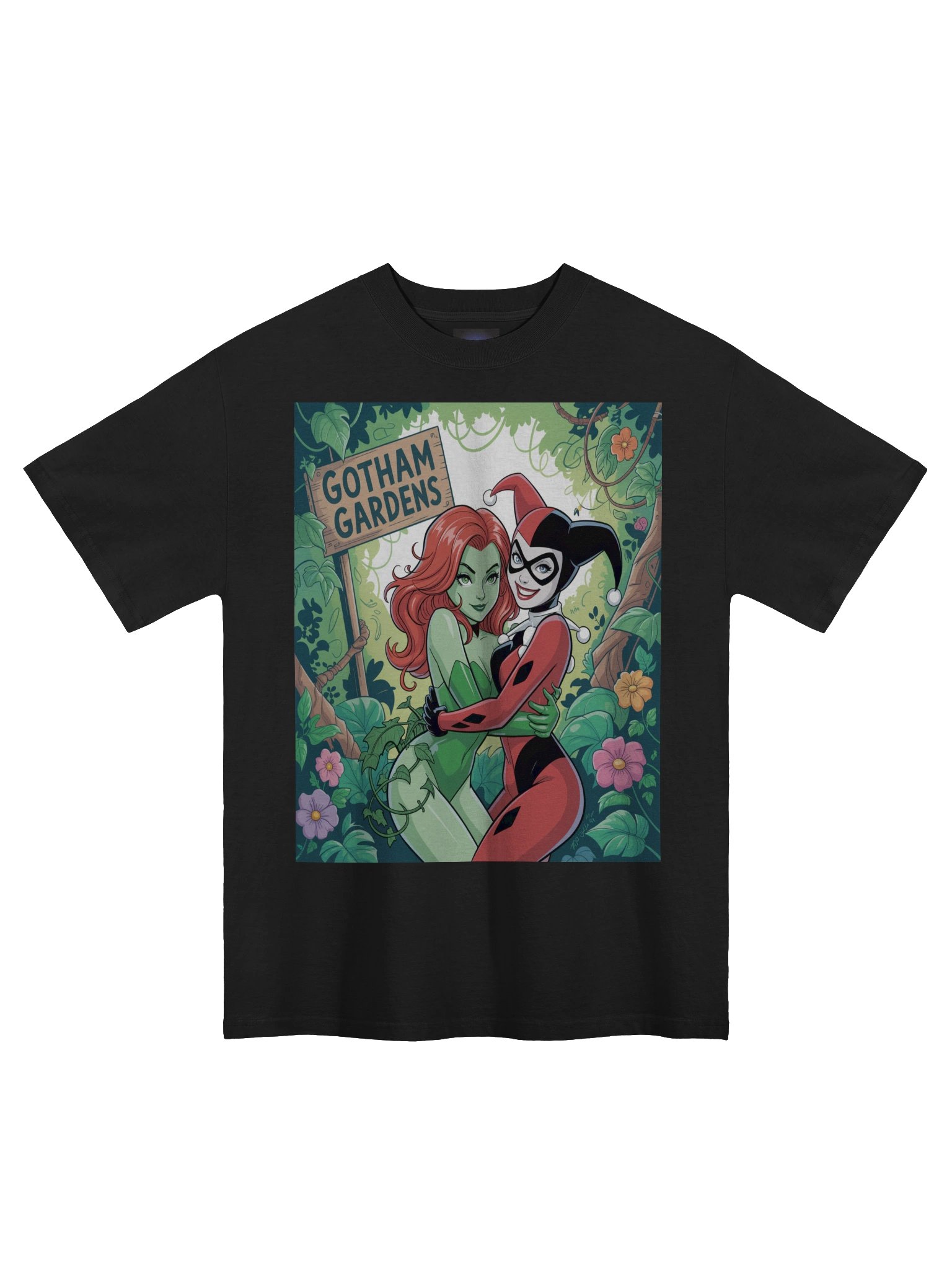 Gotham Gardens Embrace: Poison Ivy & Harley Quinn Verdant Vortex Oversized Faded Unisex T-Shirt product image (3)