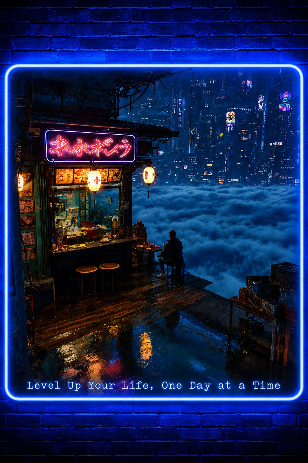 Cyberpunk Ramen City Wall Art, Futuristic Neon Gamer Poster, Sci Fi Nightscape 10x10 Print product image (1)