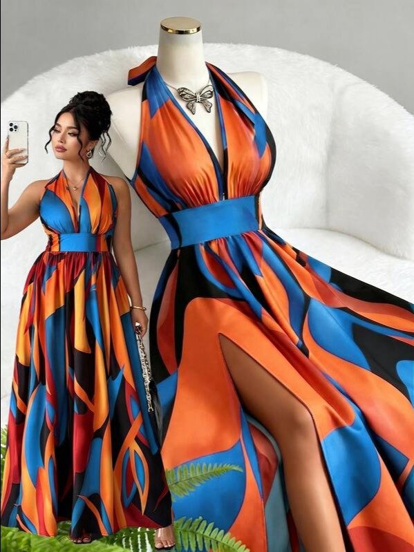 Elenzga Plus Size Women Summer Fashionable Elegant Vacation Halter Tie Waist A-Line Dress product image (3)