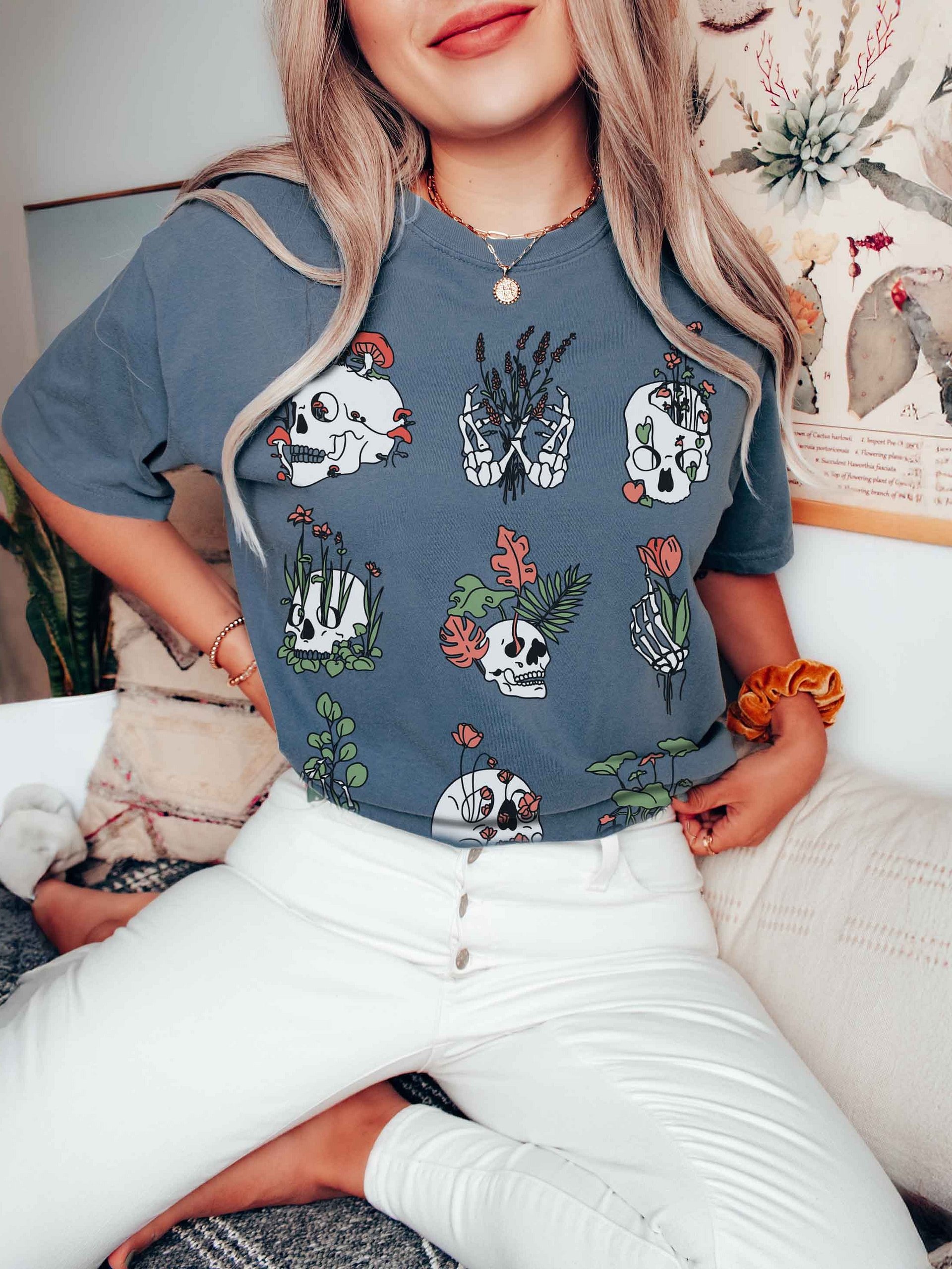 Botanical Skull Shirt – Floral Skeleton Aesthetic Graphic Tee, Gothic Nature Illustration - Dark Academia product image (2)
