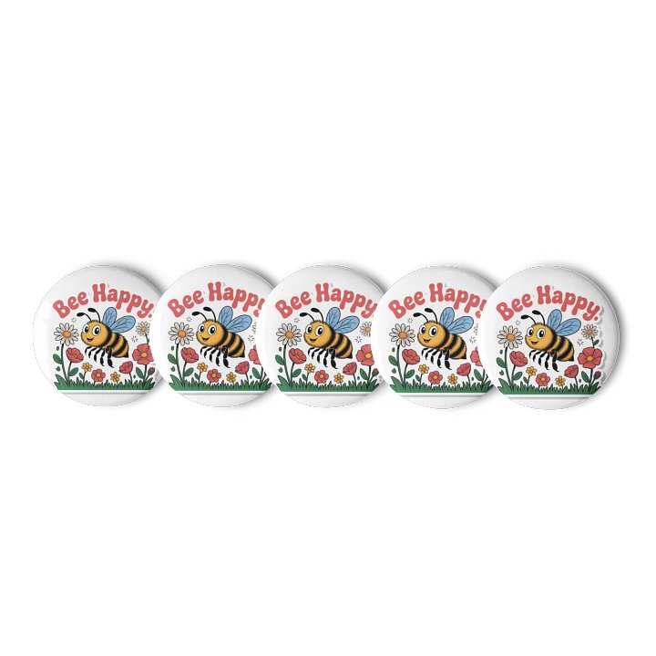 Set of 5 'Bee Happy' Pin Buttons - Whimsical Bee and Flower Design product image (1)
