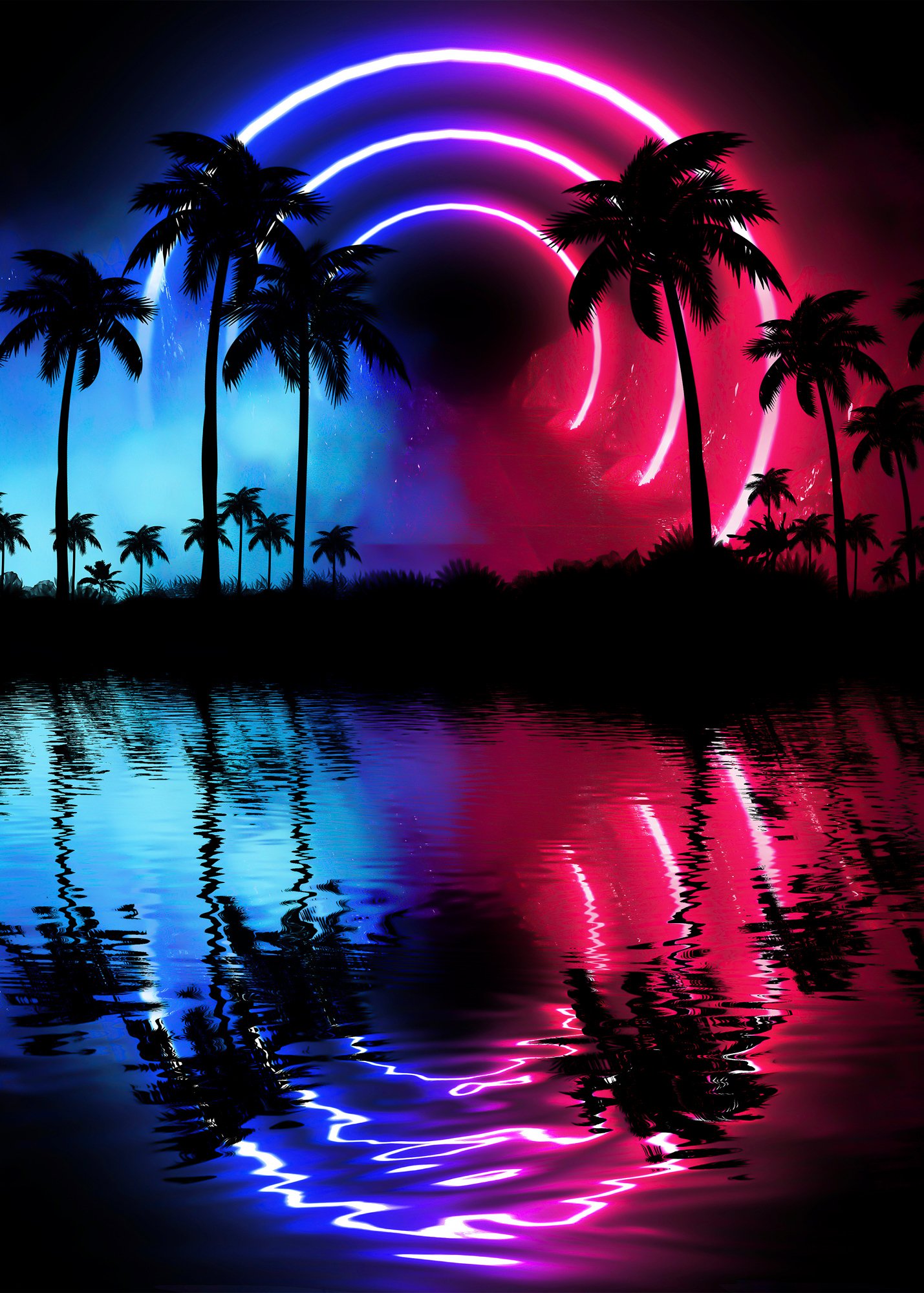 Neon landscape: Palms & Arc [synthwave/vaporwave/cyberpunk] — Aesthetic retrowave poster product image (3)