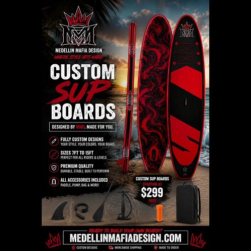 🔥 YOUR BOARD. YOUR STYLE. DESIGNED BY MMD. 🔥

Why ride the same SUP board as everyone else?

🏄 Medellin Mafia Design creates ...