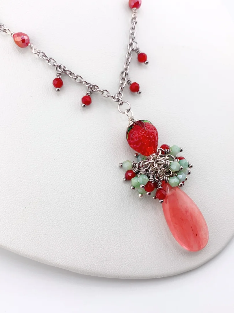 Lampwork Strawberry, Cherry Quartz Beaded Cluster Pendant Necklace Set product image (1)