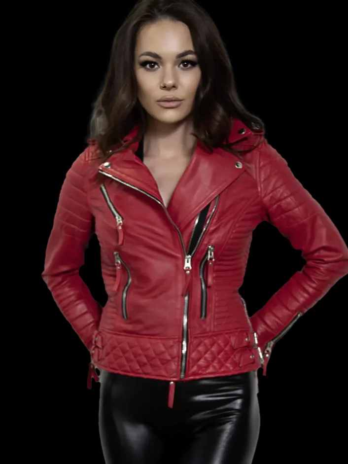 Ladies Quilted Red Leather Moto Jacket product image (3)