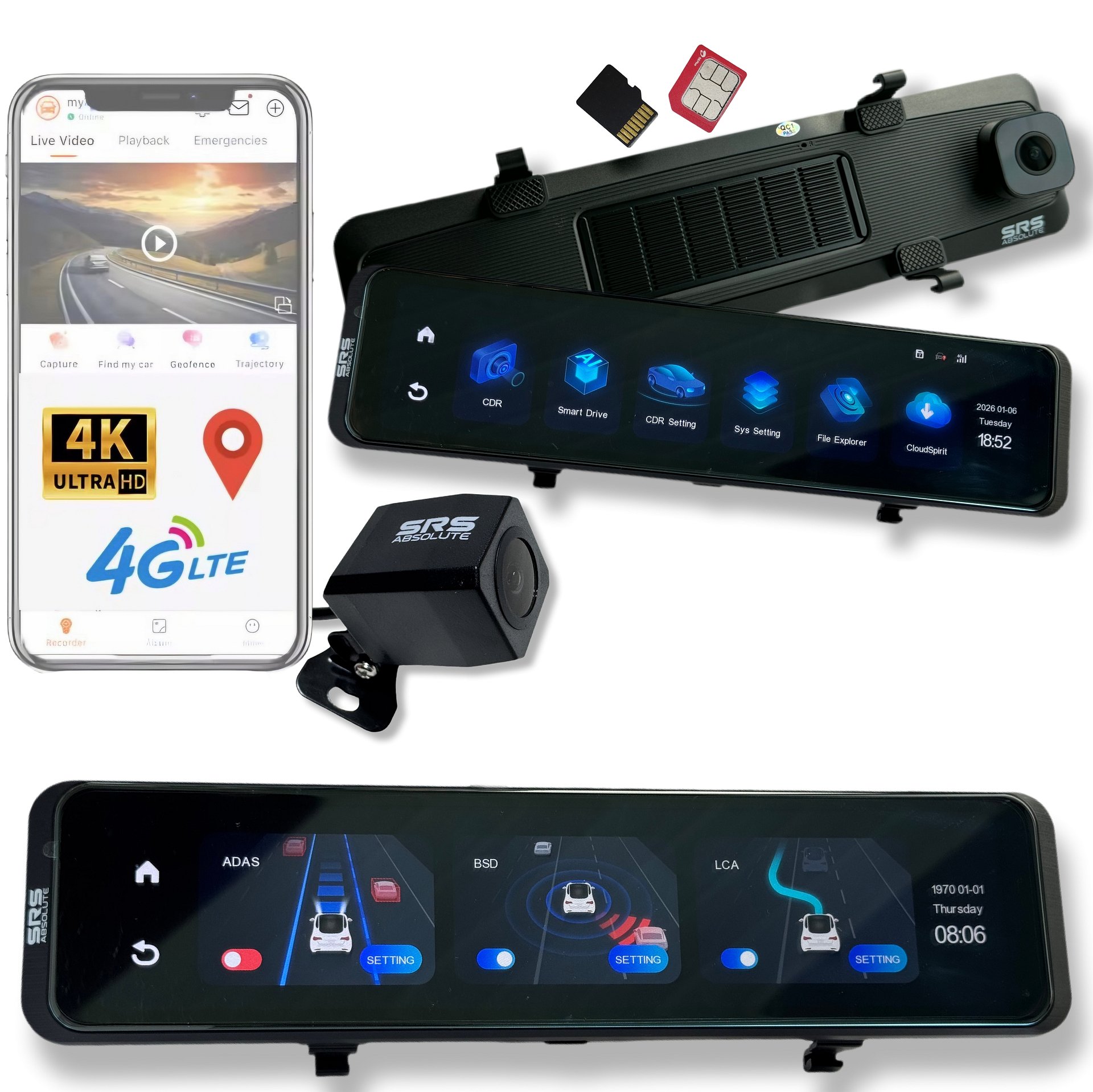 SRS ABSOLUTE 4K 4G Mirror Dash Cam Front Rear Dual Record GPS Tracking Live Video ADAS BSD Park Monitor Timelapse Reverse Parking Remote Playback Voice Calling 1TB MicroSD SIM Support product image (9)