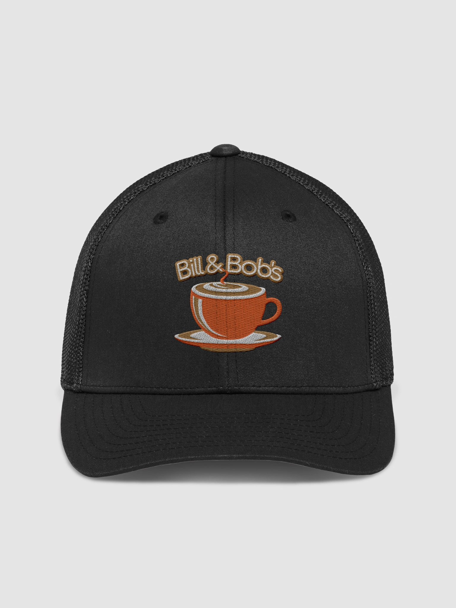 Bill & Bob's Coffee Shop Open 24/7 Trucker Hat, Orange Color Accent product image (1)