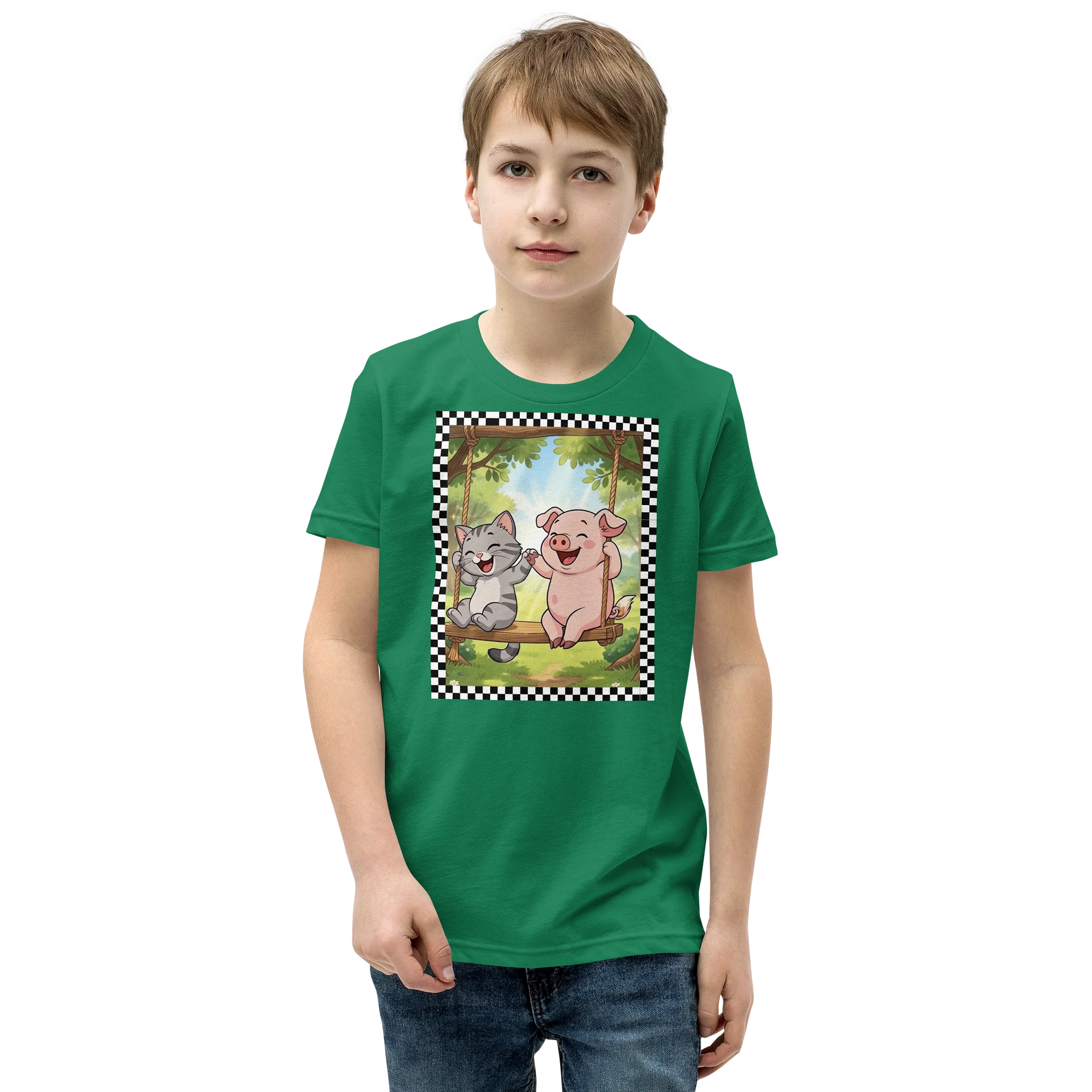 Cute Farm Friends Laughing Kitten & Piglet on Rope Swing Youth Tee product image (1)