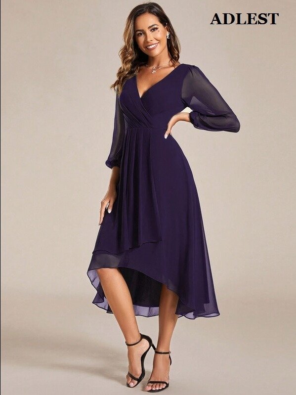 ADLEST Elegant Lantern Sleeve Pleated Chiffon Burgundy Long Sleeve Bridesmaid Dress, Formal Wedding Guest Dress Spring product image (2)