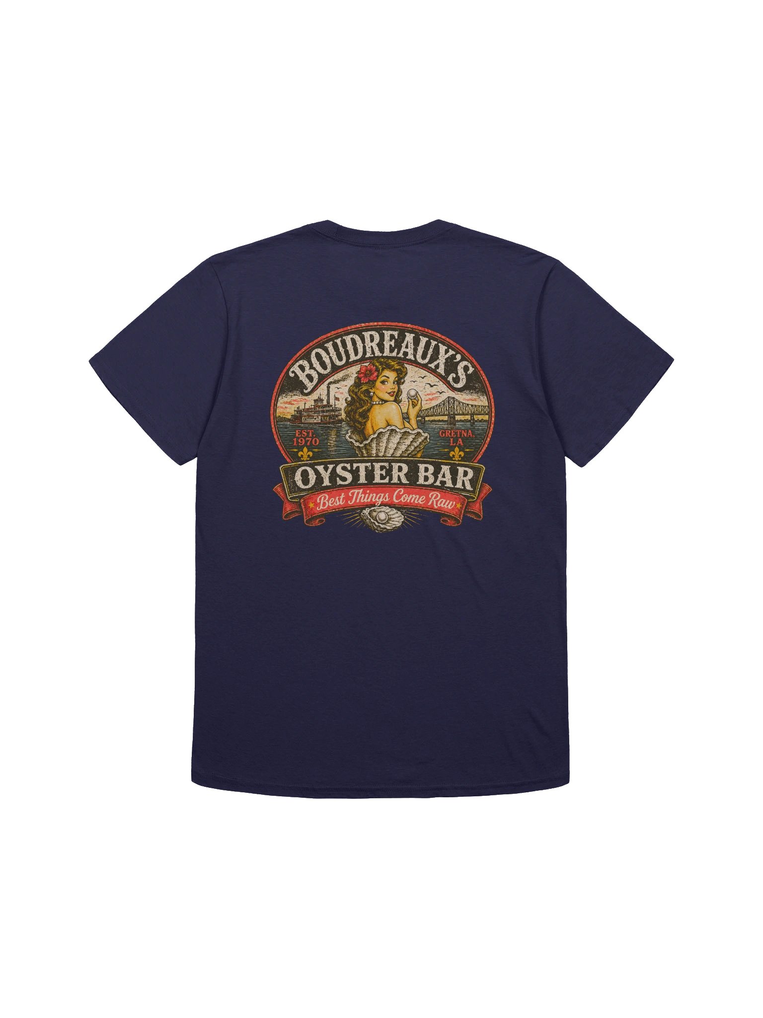 Boudreaux’s Oyster Bar Vintage Tee – Gretna LA Retro Pin-Up Seafood Shirt | Best Things Come Raw product image (18)
