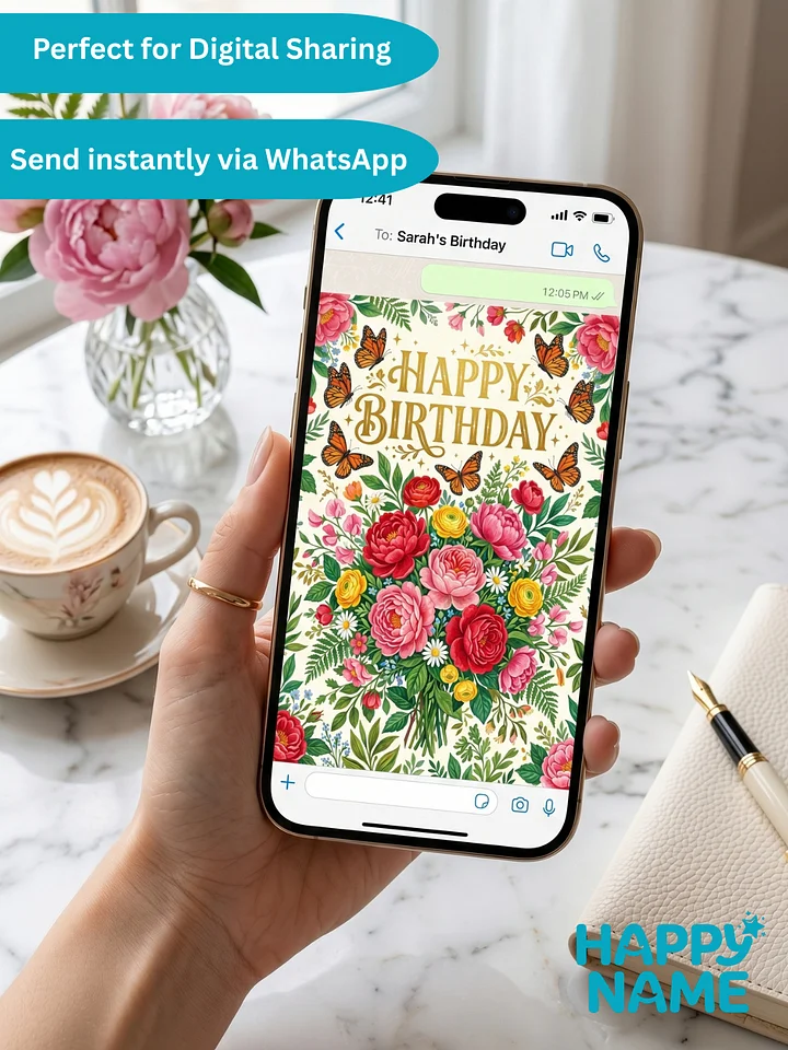 Elegant Floral Birthday Card Printable • Luxury Peony & Butterfly Birthday Card • 5x7 Digital Folded Greeting Card for Her product image (2)