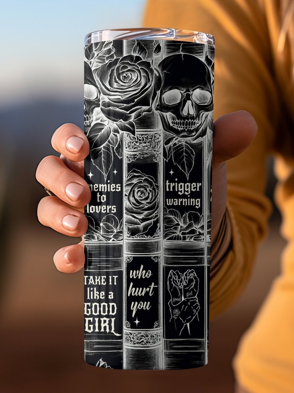 Dark Romance Skull Roses Vintage Black White Book Tropes 20oz Skinny Tumbler PNG, Seamless Full Wrap Sublimation Design, Digital Download product image (3)