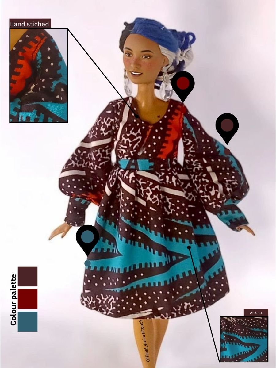 Ankara Long Sleeve Doll Dress for 11” Fashion Dolls – African Print Mini Dress with Gathered Skirt | Handmade Doll Clothes product image (4)