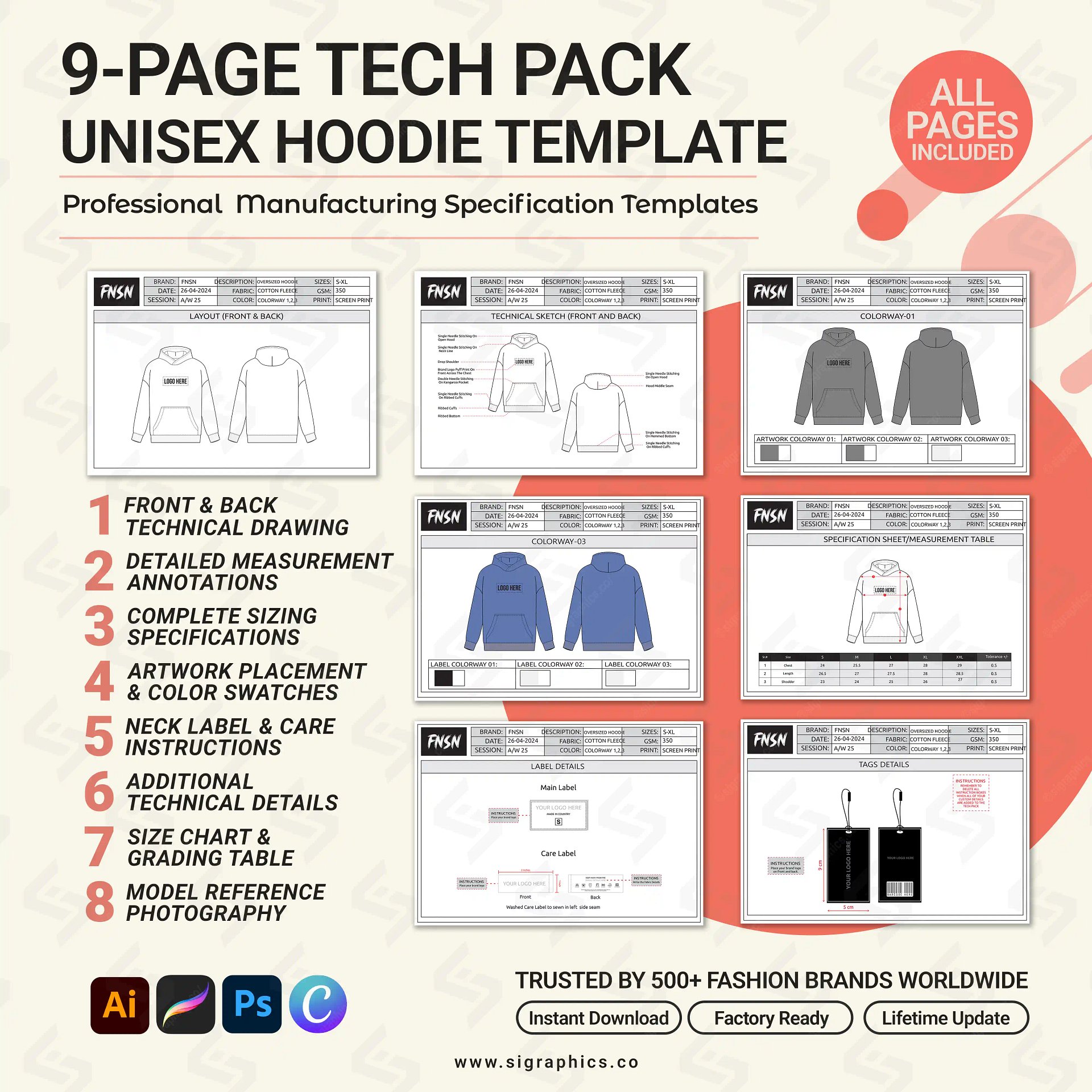 Unisex Oversized Hoodie Tech Pack Template product image (3)