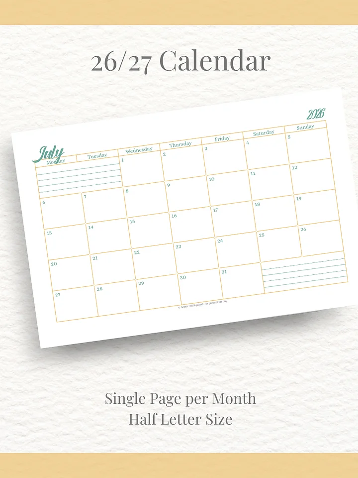 Sunshine Skies - 26/27 Calendar - Single Page per Month - Half Letter Size product image (1)