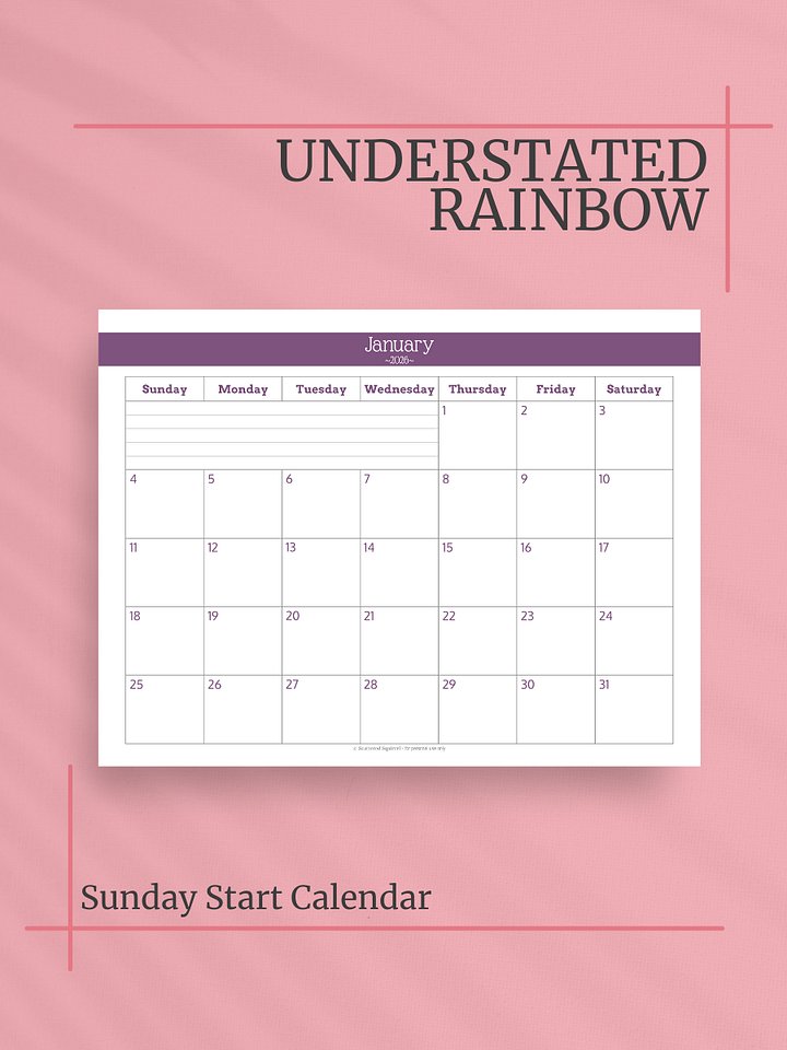 Understated Rainbow 2026 Calendar - Single Page per Month, Sunday Start, Letter Size product image (1)