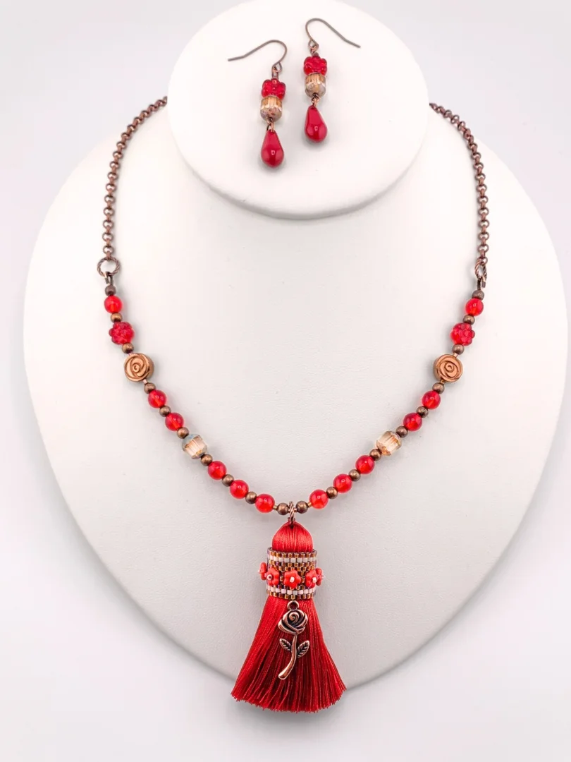 Beaded Red Tassel Necklace Set on Antique Copper Chain product image (4)