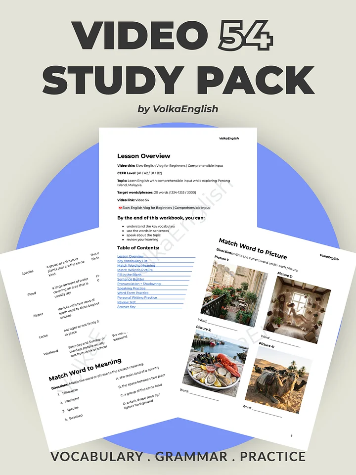 Slow English Vlog for Beginners | Comprehensible Input - Video 54 Study Pack product image (1)