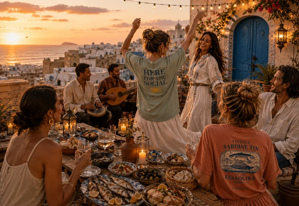 Friends enjoying a sunset dinner gathering in Essaouira, Morocco, with live music, coastal views, and guests wearing LL Social Co. graphic T-shirts.
