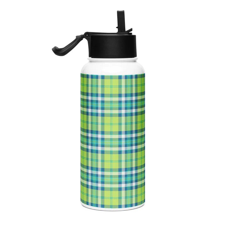 Lime Green and Turquoise Plaid Water Bottle product image (1)