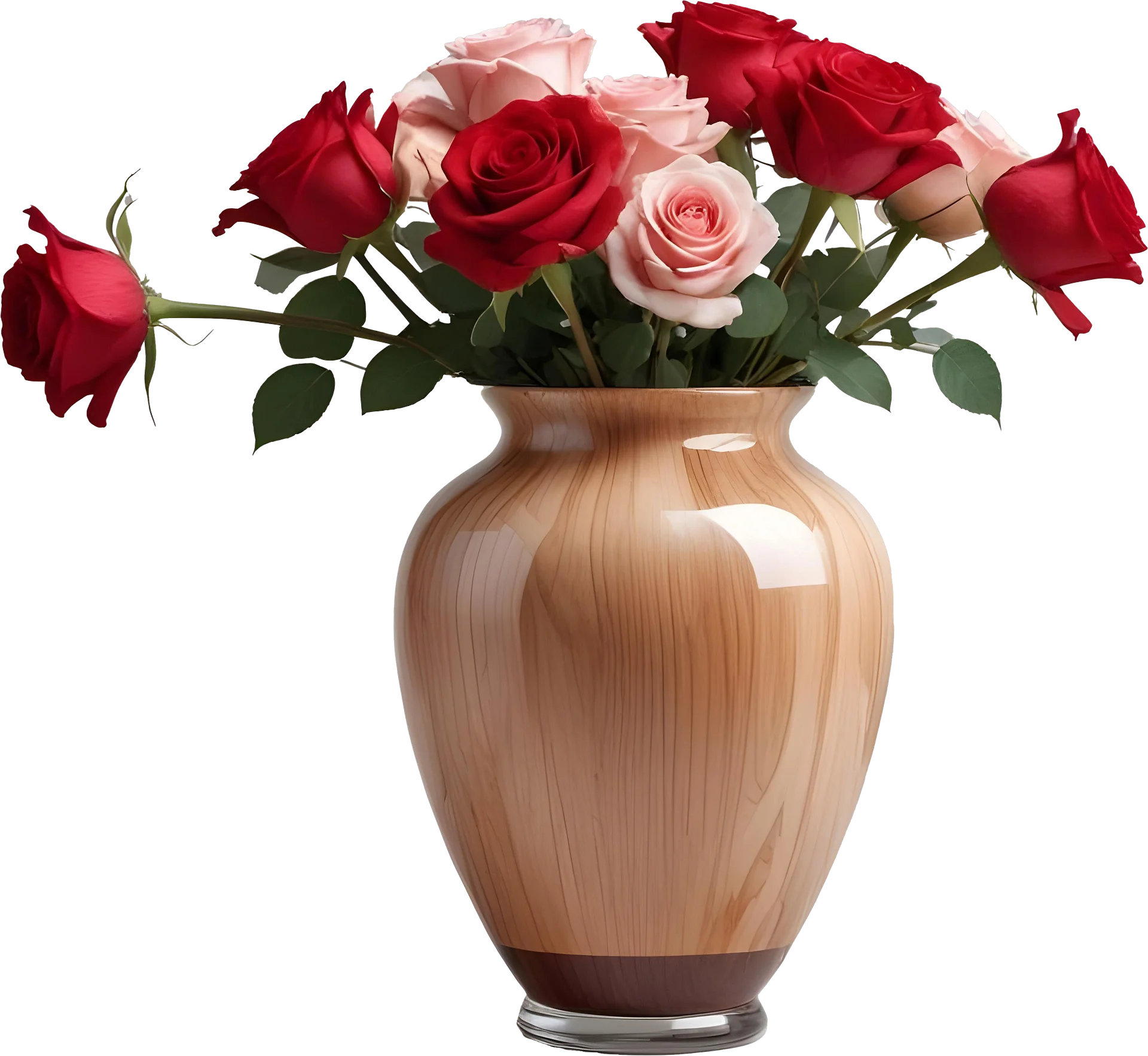 Polished Wood-Effect Vase with Red and Pink Roses PNG product image (1)