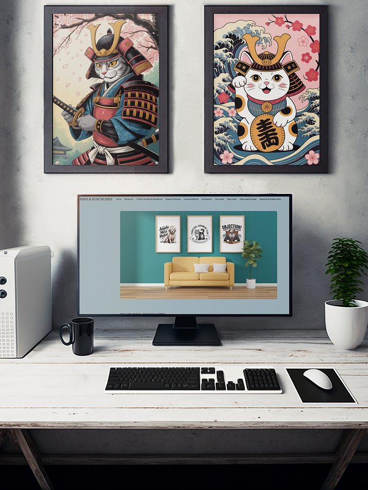 Samurai Cat with Katana Framed Art Print | Japanese Bushido Warrior Wall Decor product image (2)