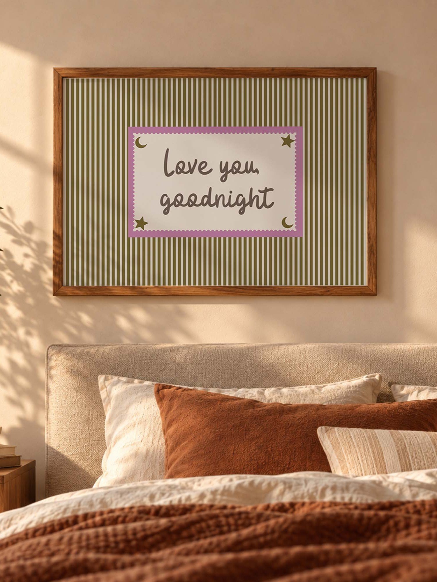 Love You Goodnight Print, Retro Striped Moon Star Wall Art, Handwritten Quote, Neutral Nursery Bedroom Decor, Horizontal Digital Download product image (9)