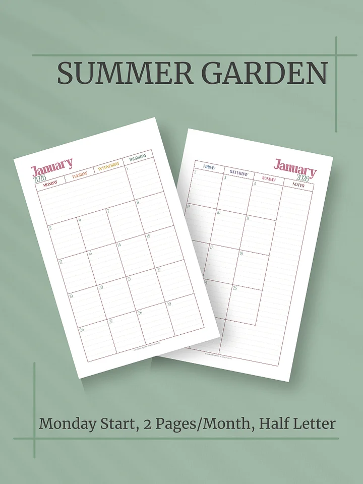 Summer Garden 2026 Calendar - 2 Pages per Month, Monday Start, Half Letter Size product image (1)