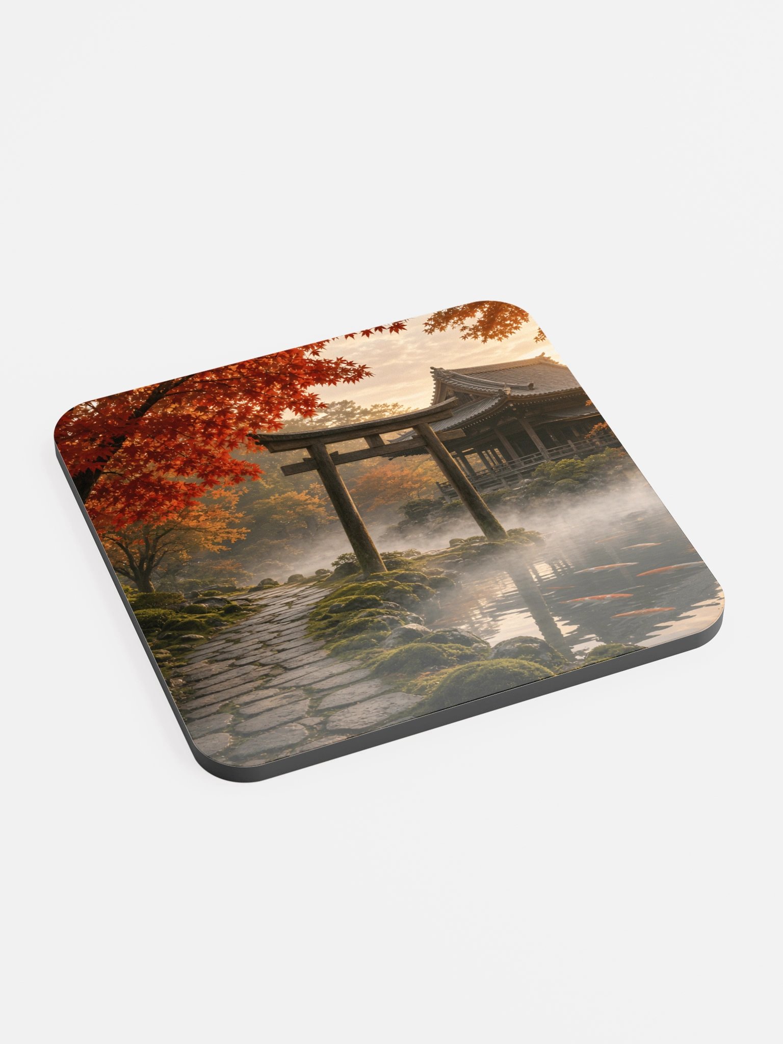 Japanese Torii Gate Autumn Garden Glossed Cork Coaster | Aesthetic Asian Landscape Drink Coaster product image (2)