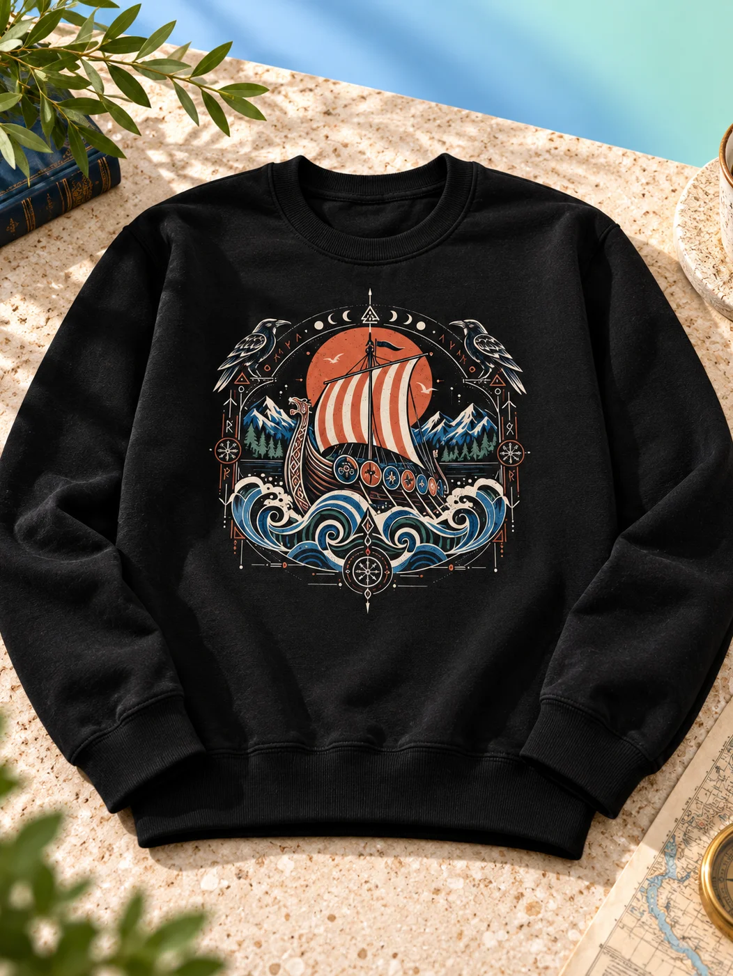 Huginn and Muninn Longship Graphic Sweatshirt product image (1)