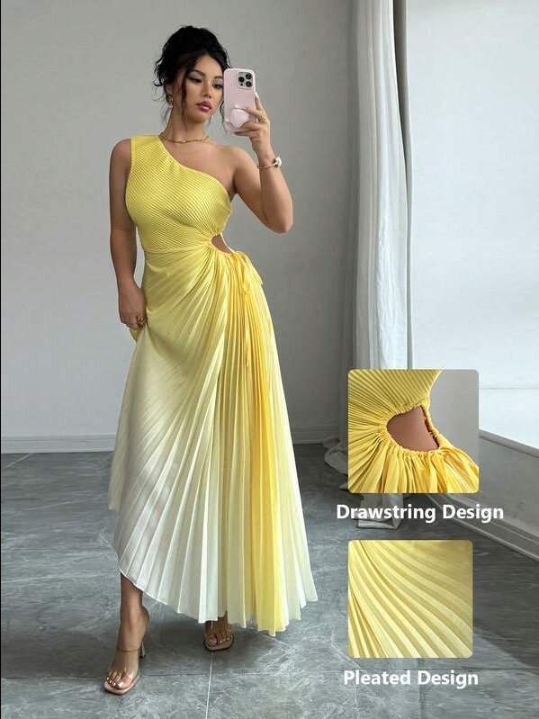 ADLEST Modelyn Yellow Sleeveless Asymmetric Neck Pleated Ombre Dress For Women Pleated Dress product image (6)