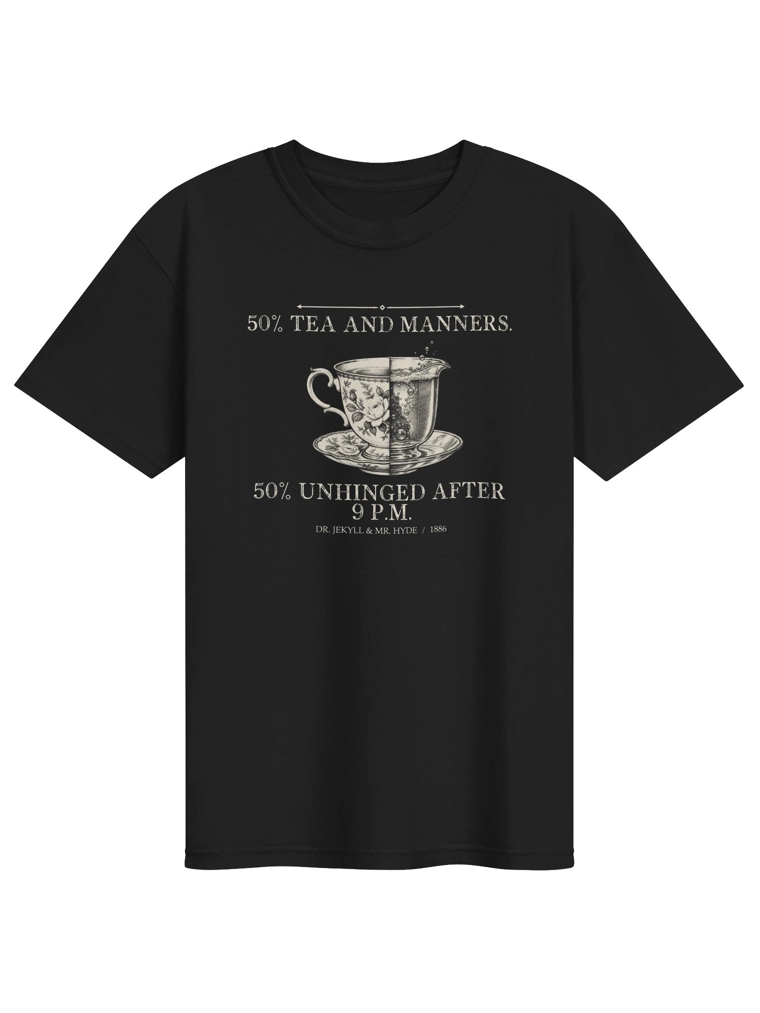 Tea Manners Unhinged -- The Strange Case of Dr Jekyll and Mr Hyde Tee (Dark) product image (1)