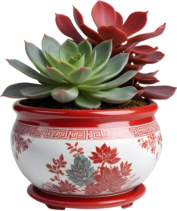 Chinese Porcelain Pot with Succulents – Red and White Décor PNG product image (1)