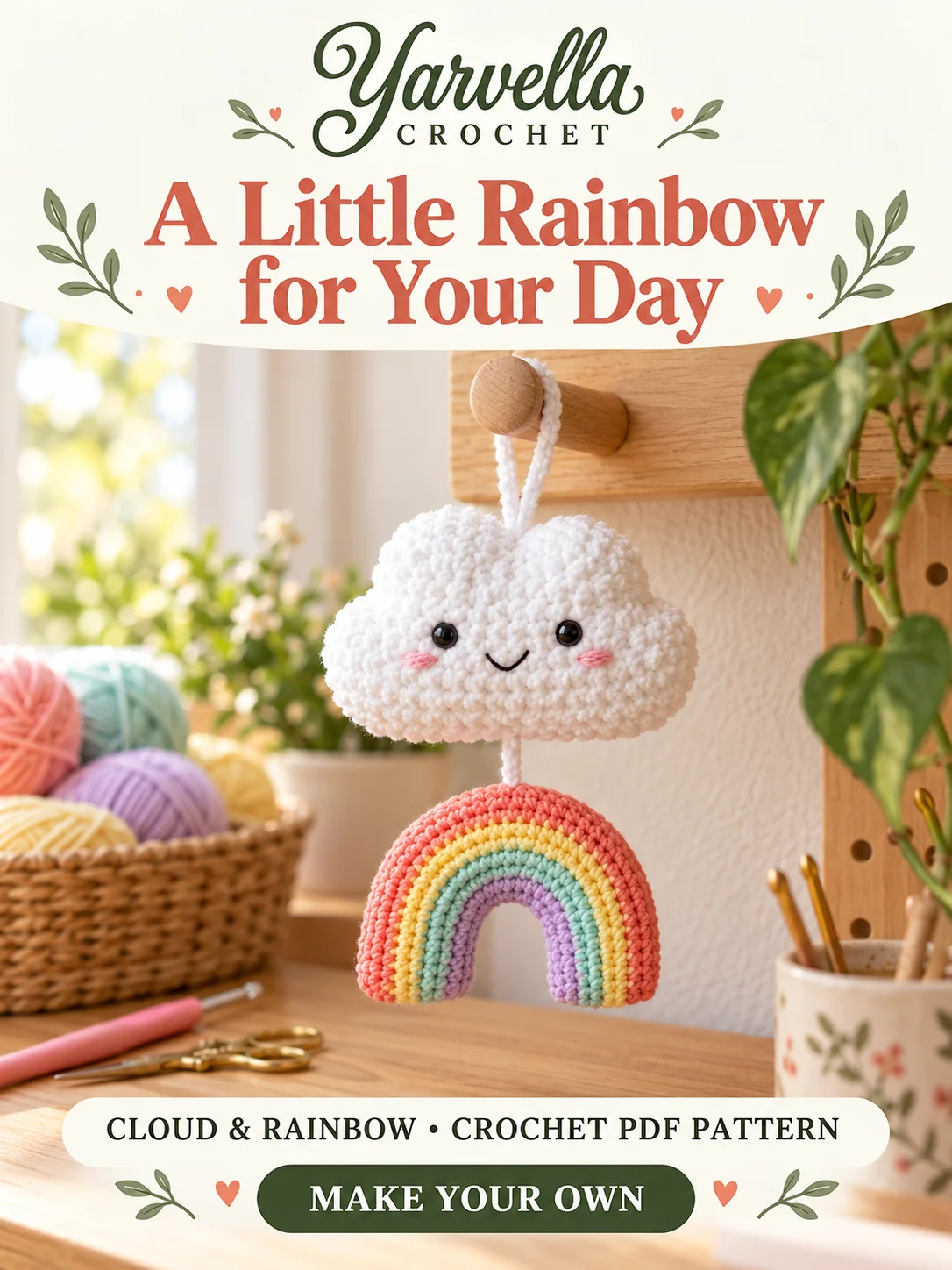 Kawaii Cloud & Rainbow Crochet Pattern PDF – Car Mirror Hanging Charm product image (1)