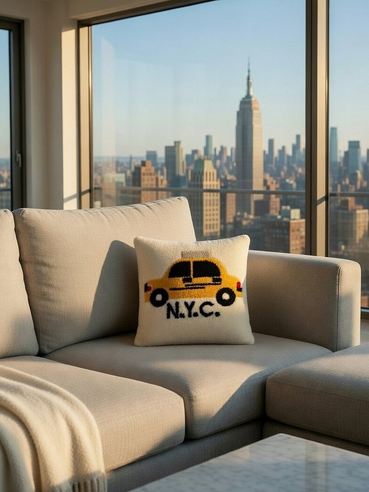 NYC Yellow Taxi Pillow 14x14" | Hand-Hooked Sherpa Throw Pillow with Velvet Back product image (2)