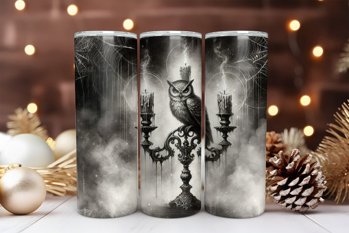 Gothic Owl 20 oz Skinny Tumbler Sublimation Design Digital Download PNG Instant DIGITAL ONLY, Dark Academia Owl Tumbler Wrap product image (1)