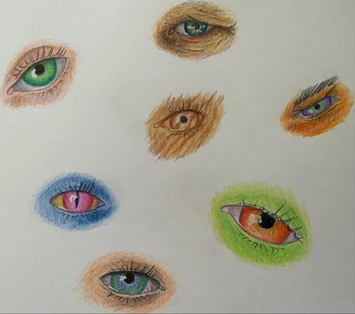 Silmiä paperilla, värikynäkokeiluja..

#colorpencils #värikynät  #silmät #eyes