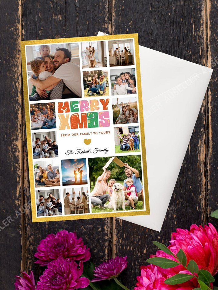 Merry Christmas Photo Collage Card Template With Gold Border product image (2)
